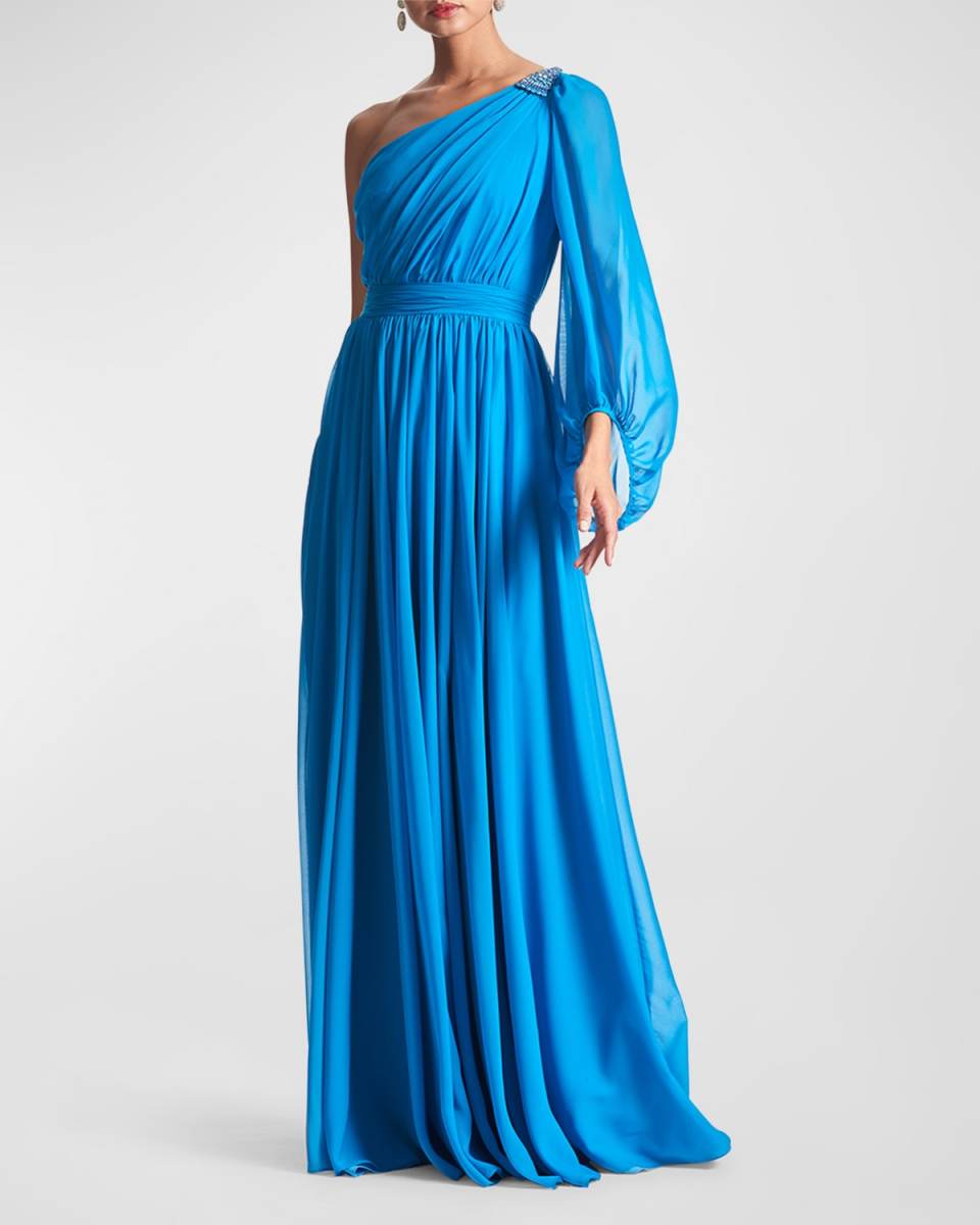 Makayla One-Shoulder Blouson-Sleeve Gown